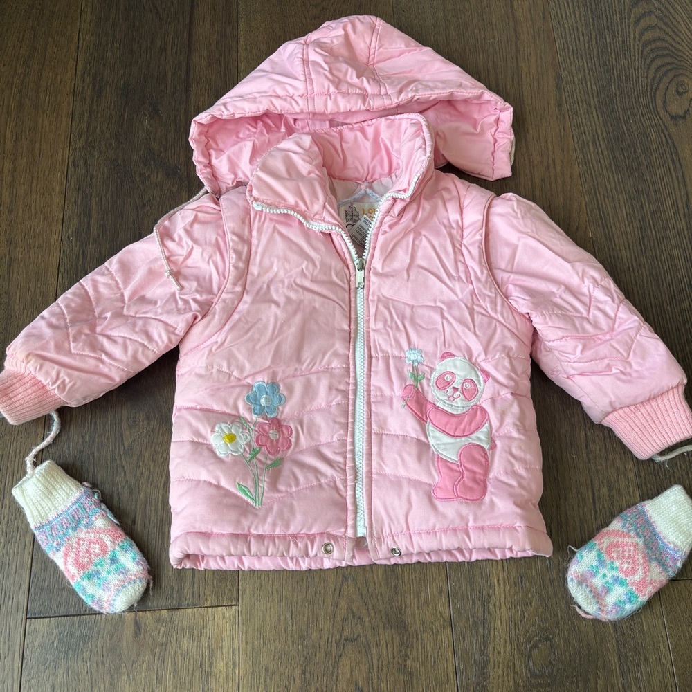 Vintage 80/90s London Fog Girls Hooded Pink Panda Puffer Jacket Winter Coat Sz 3